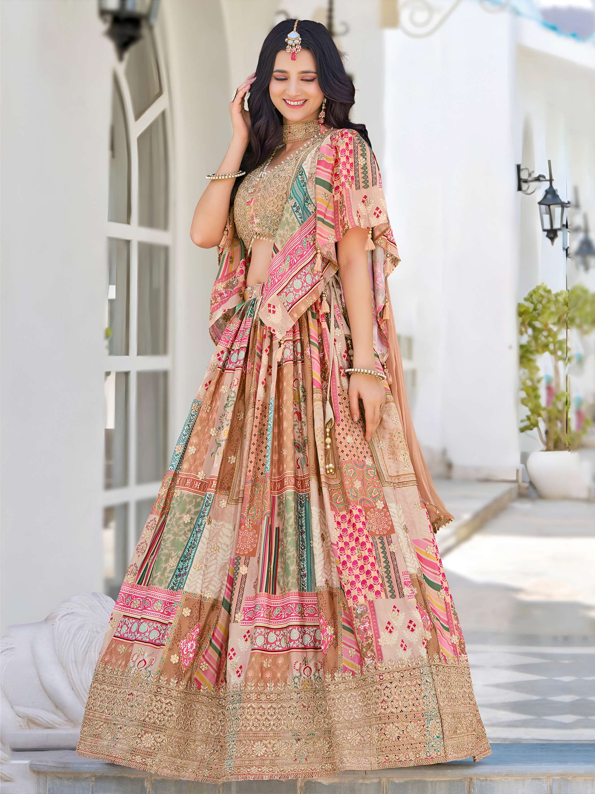  Beige Multicolor Chinnon silk Heritage and flower Print on Lehenga Choli reseller in surat 7050 Beige